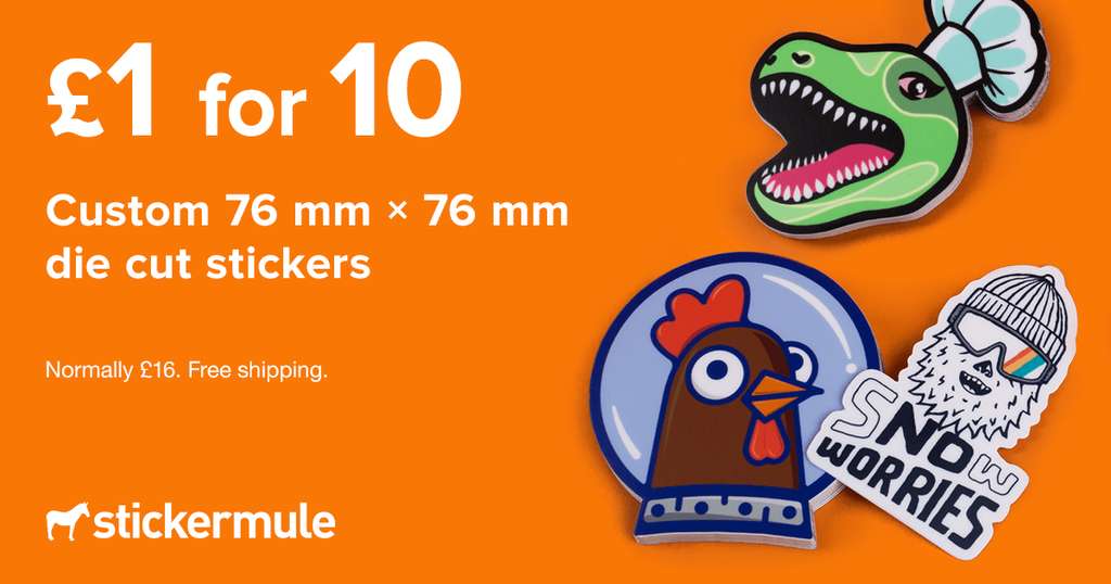 10 Custom 76 mm × 76 mm die cut stickers w/code