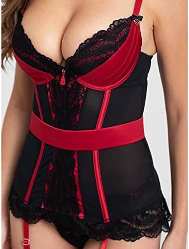 Lovehoney Red Empress Satin and Lace Basque Sexy lingerie Set - Underbust Corset Styled Bustier Top with G String & Garter Straps - Medium: 6-8