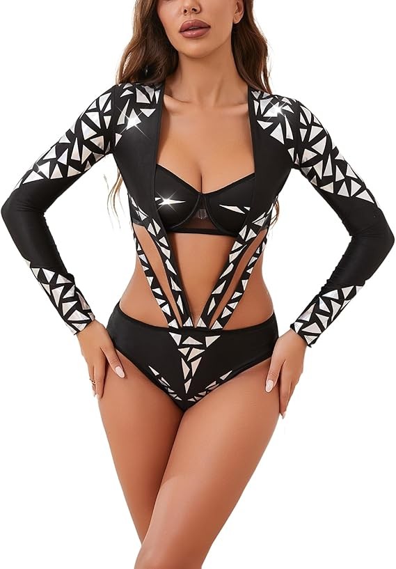 Womens Pure handmade Teddy Lingerie V Neck Sexy Shiny Sparkle Reflective